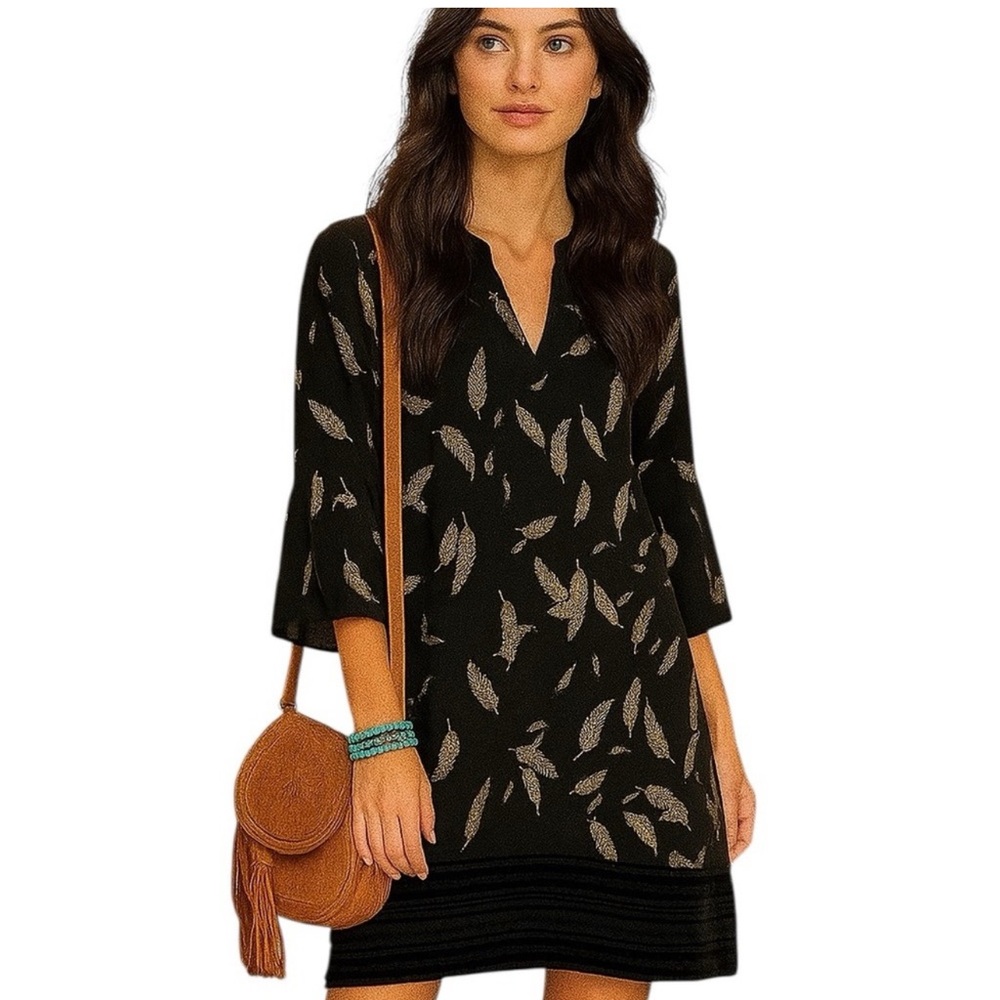 Johnny Was Black Dress with Gold Feather Pattern